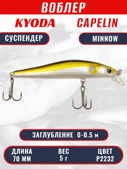 Воблер KYODA Capelin Minnow-70SP длина 7,0 см вес 5.0 гр, цвет P2232 заглубление 0-0.5 м
