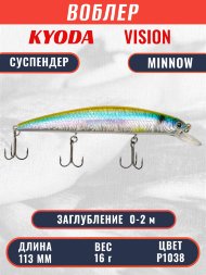 Воблер KYODA VISION MINNOW-113SP, длина 113 мм вес 16 гр цвет P1038 заглубление 0 - 2 м